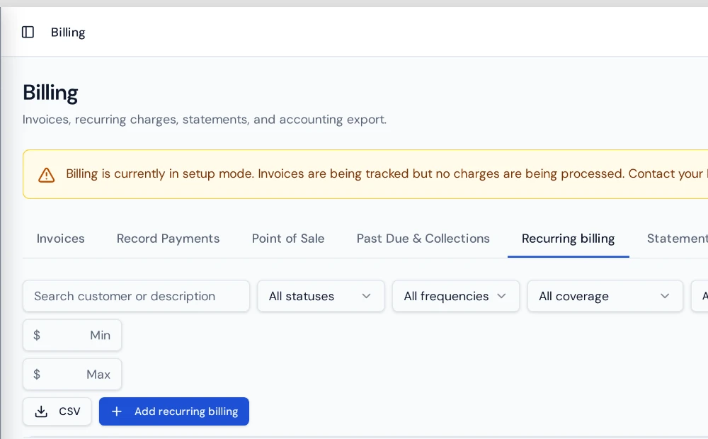 Purio recurring billing screen