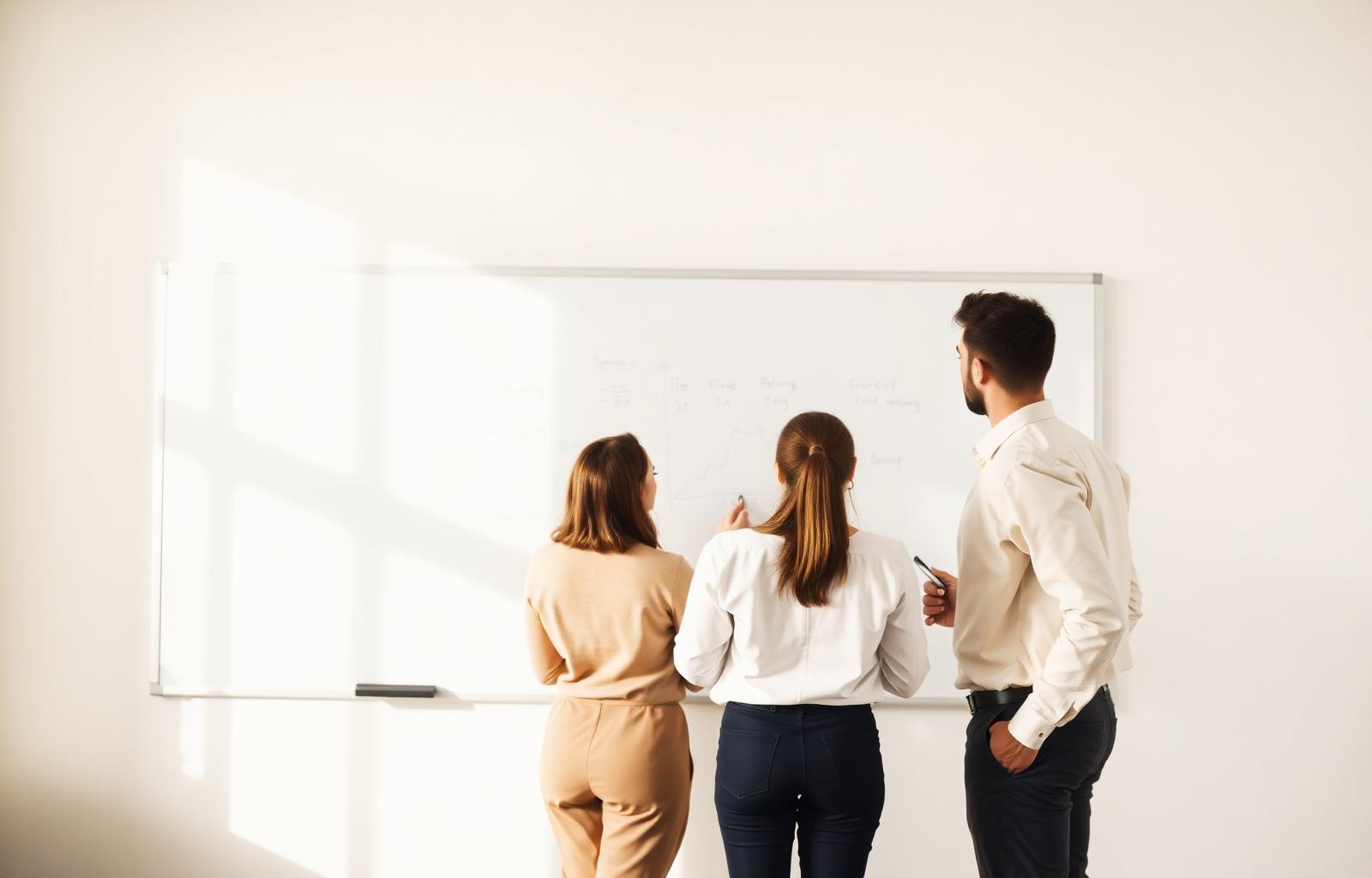 Three business operators in a working strategy session at a whiteboard